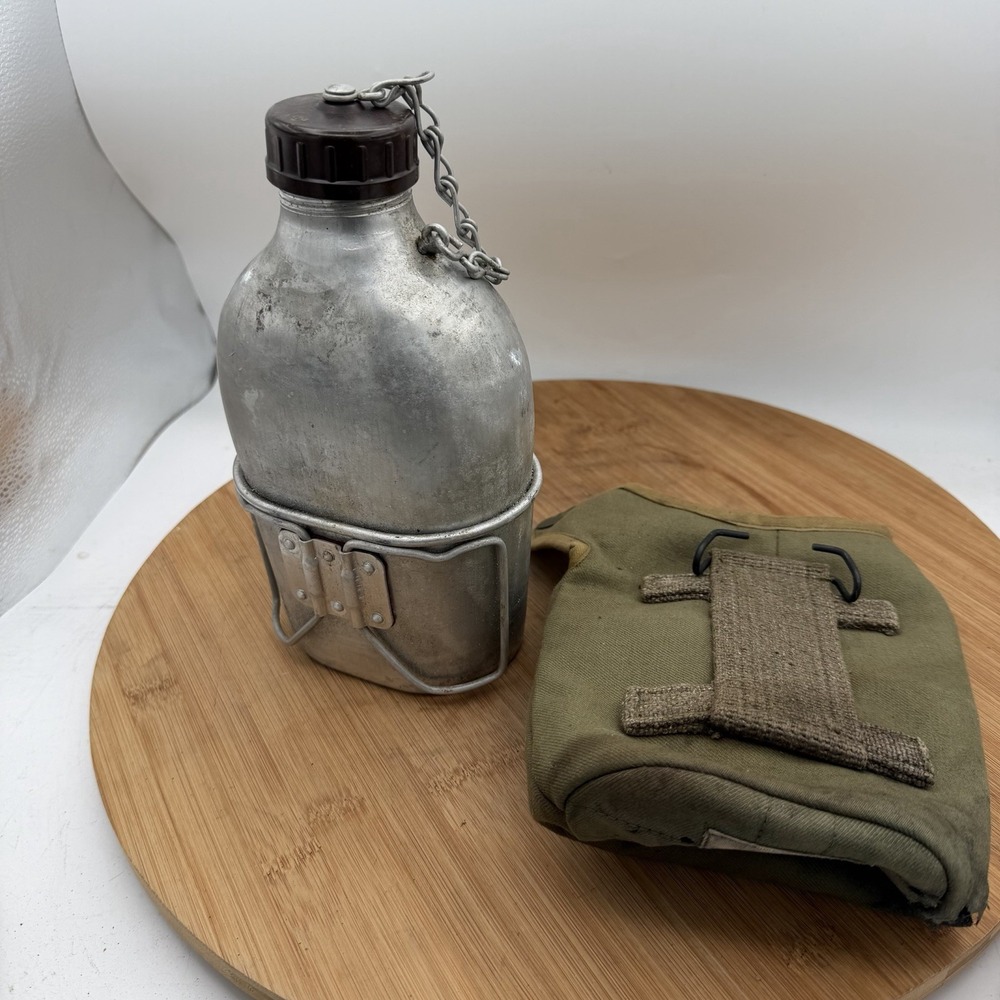French Military M51 Canteen w Cup Cover  Army Green Khaki 1950s